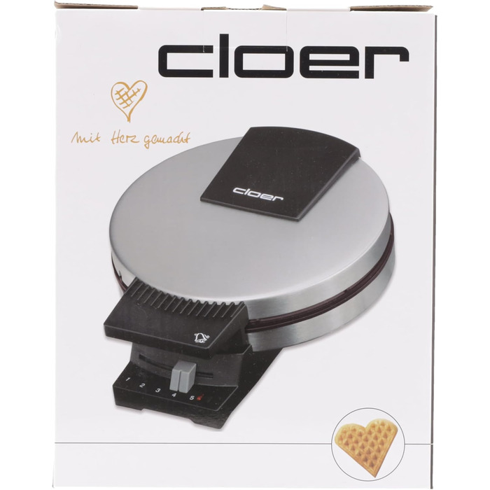 Вафельниця Cloer 189 для серцевидних вафель, подвійне антипригарне покриття, 930 Вт, діаметр 16 см, важкі пекарські пластини, звуковий і світловий сигнал, корпус із нержавіючої сталі