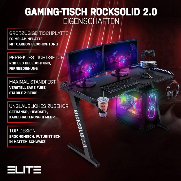 Ігровий стіл ELITE Rocksolid 2.0 чорний RGB з LED-підсвічуванням, тримачем для гарнітури та напоїв, органайзером для кабелів, комп'ютерний стіл для геймерів