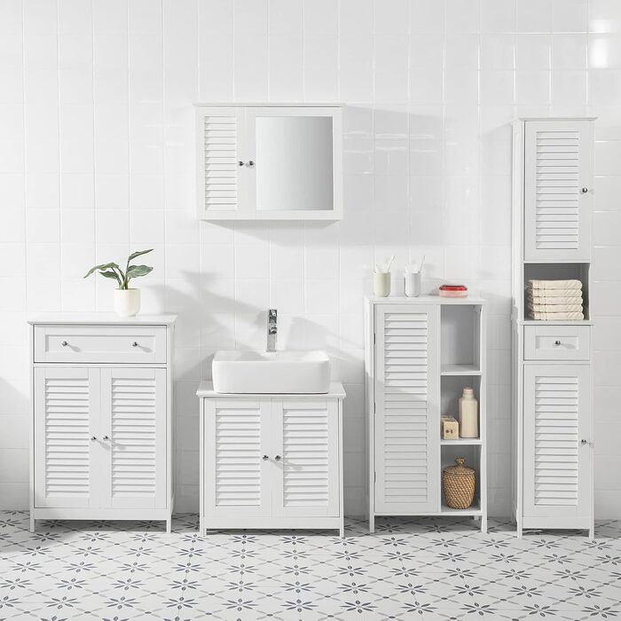Шафа для ванної SoBuy BZR39-W з ламельними дверцятами, біла, 48x96x24 см – високий комод для зберігання, ванна кімната, меблі для ванної