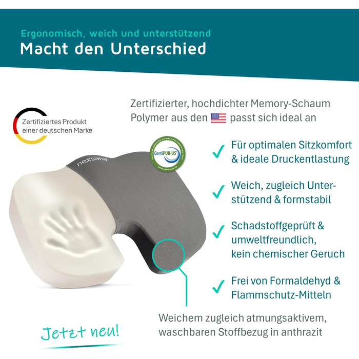 Ортопедична подушка для сидіння з US-Memory Foam, антрацит: підтримка спини, куприка та при геморої, для стільця та авто