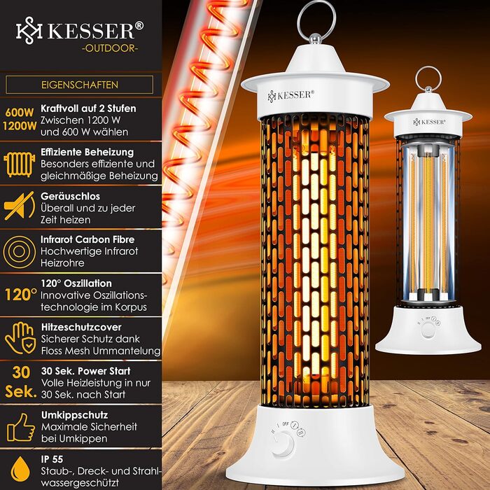 Інфрачервоний обігрівач KESSER 1200 Вт, електричний, енергоефективний, з 360° обертанням, для приміщень та тераси, IP55, білий