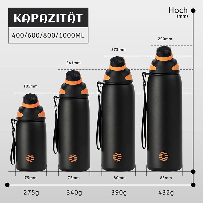 Спортивна термопляшка Fjbottle з нержавіючої сталі з магнітною кришкою, герметична та без BPA, для води та газованих напоїв, чорна, 400 мл