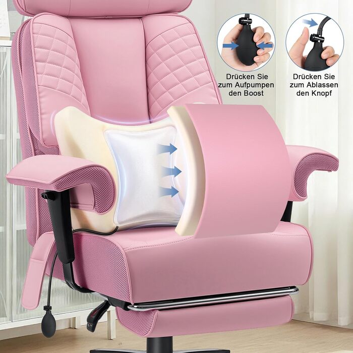 Офісний крісло HOFFREE Ergonomiczne для керівника, 220 кг, з підставкою для ніг, регульованою поперековою підтримкою, регульованою висотою підголівника, PU шкіра, чорне (рожева шкіра)