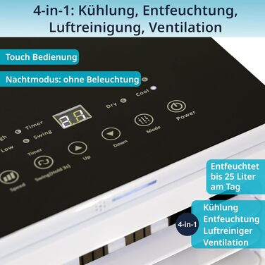 Мобільний кондиціонер Könighaus 7000 BTU для кімнат до 20м² 4-в-1: охолодження, осушення, вентиляція, очищення повітря. Енергоефективний (A), з пультом та керуванням через додаток