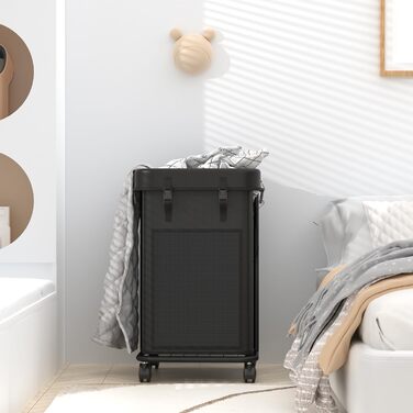 Великий кошик для білизни YKDIRECT 150 л, металевий каркас, знімні мішки, на колесах, для спальні, ванної, пральні, чорний