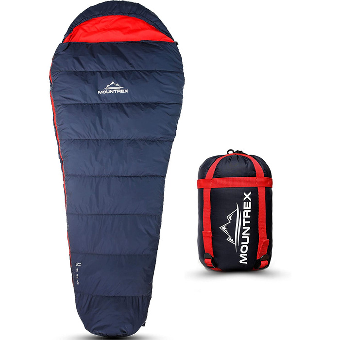 Спальний мішок MOUNTREX мумія 3 сезони, 1500 г, ультралегкий, компактний, для кемпінгу, подорожей та фестивалів, темно-синій/червоний, утеплений, з'єднуваний, правий замок