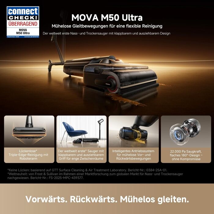 Mova M50 Ultra пилосос 2-в-1 (мокре/сухе прибирання), 22000 Па, з робочим маніпулятором, телескопічною ручкою, гарячим миттям щіток (100°C) та сушінням (90°C, 5 хв) - Чорний