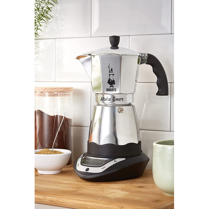Електрична кавоварка Bialetti Moka з таймером, 6 чашок, 365 Вт, сріблясто-чорна