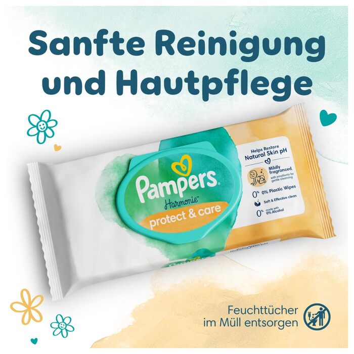 Дитячі вологі серветки Pampers Harmonie Protect & Care з календулою, 396 шт (9 упаковок по 44 шт)