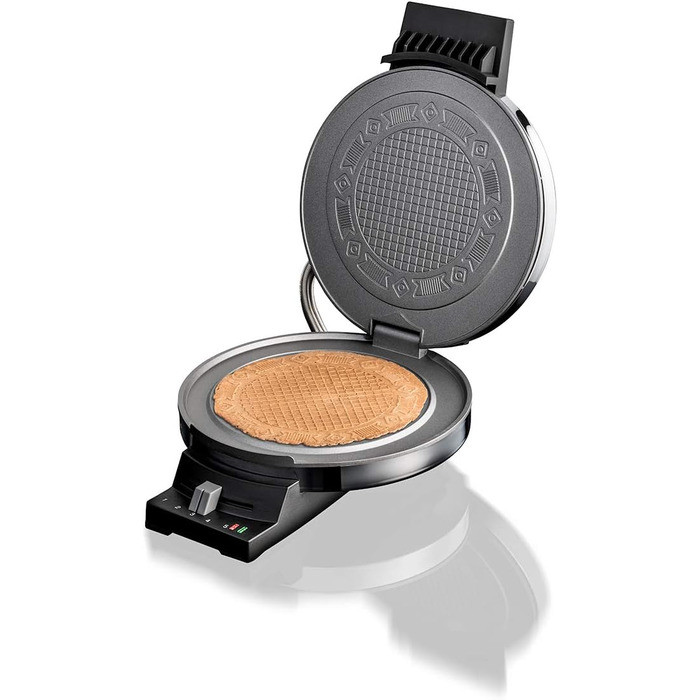 Електрична вафельниця Cloer 285EF з гербом Остфрізланду, для тонких хрустких вафель, 800 Вт, антипригарна хромована поверхня 15 см, регулювання ступеня підсмажування