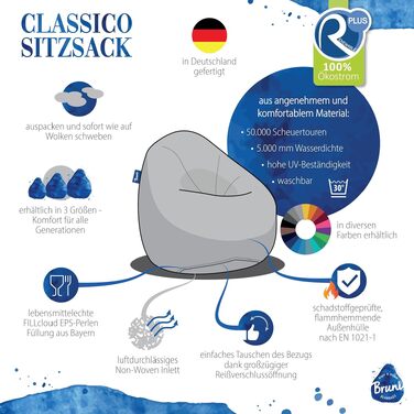 Крісло-мішок Bruni Classico L-XXL для дорослих, колір сірий скелястий, знімний чохол, наповнювач EPS-кульки, вироблено в Німеччині