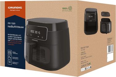 Аерофритюрниця Grundig FRY 7320, 7.6 л, 1750 Вт, сенсорне управління, антипригарне покриття, велике оглядове вікно, налаштування температури та часу, чорна, кошик для посудомийної машини