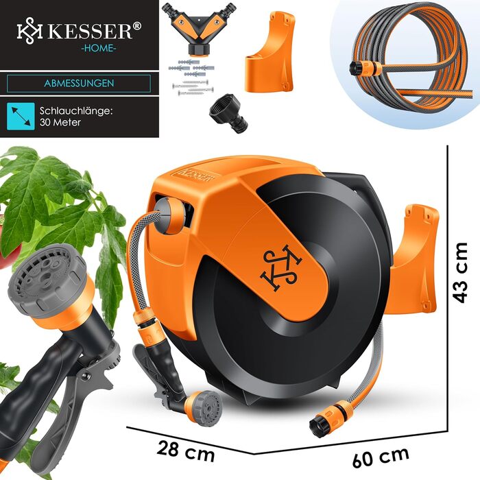 Шланг барабан KESSER® настінний, 30м, автоматичне скручування, з пістолетом 7-в-1 (Чорний/Помаранчевий)