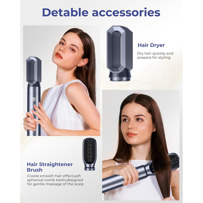 Багатофункціональний стайлер для волосся Haarstyler 6-в-1: фен-щітка, випрямляч, плойка, насадки для об'єму та локонів, блакитно-золотий