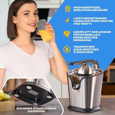 Електрична цитрусова соковижималка ProfiCook 160Вт з важільним пресом, автоматичний старт, захист від крапель, 2 конуси, нержавіюча сталь