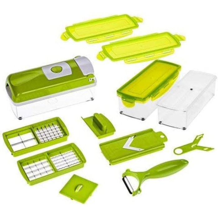 Овочерізка Genius Nicer Dicer Smart 13 в 1, багатофункціональна мандоліна для нарізки, шинкування, кубиків, соломки, чистки та зберігання овочів і фруктів, kiwi-зелений колір