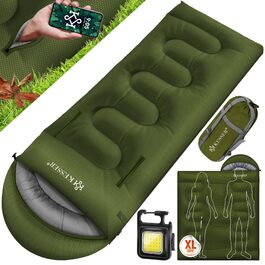 Спальний мішок KESSER Outdoor для дорослих та дітей, всесезонний (3-4 сезони), водовідштовхуючий та теплий, Khaki, 220 x 83 см, з ліхтариком та бічною кишенею