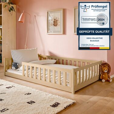 Дитяче ліжко Монтессорі Kids Collective 120x200 см, дерев'яне підлогове ліжко з бортиками та ламелями, натуральна сосна, для хлопчиків та дівчаток