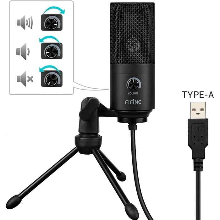 FIFINE USB мікрофон для ПК та ігор, студійний конденсаторний мікрофон для подкастів, стрімінгу, Mac, PS4, PS5, з підставкою, чорний
