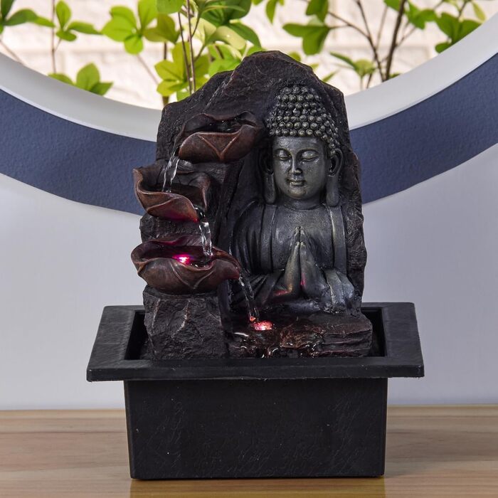 Джерело Zen'Light Zimmerbrunnen з Буддою та LED-підсвіткою - Сучасна декор для медитації та релаксації, Фен-Шуй, 26 см, горіх