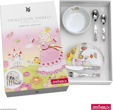 Дитячий порцеляновий набір посуду WMF Prinzessin Anneli (6 предметів) з гравіюванням імені, тарілка, миска та столові прибори для дітей від 3 років