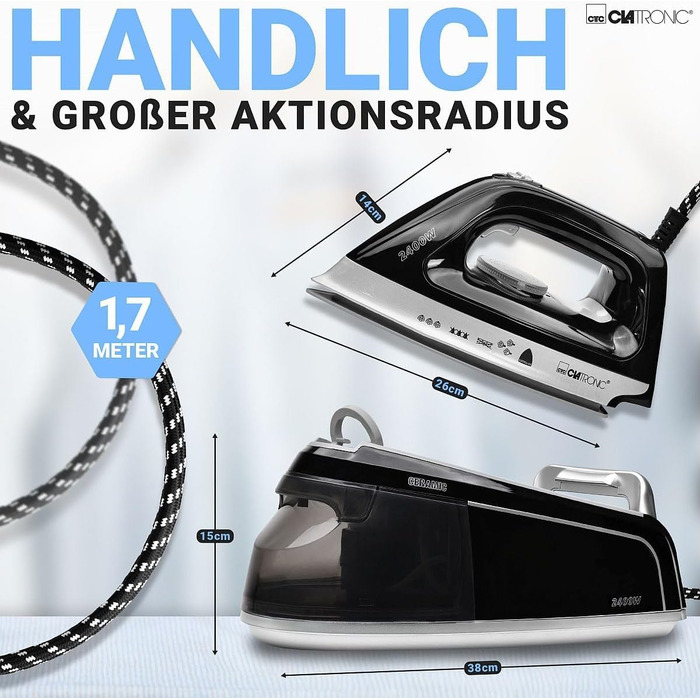 Парова прасувальна станція Clatronic DBS 3749, 2400 Вт, 3,5 бар, Superglide, резервуар 1,2 л, чорна, антикрапельна система
