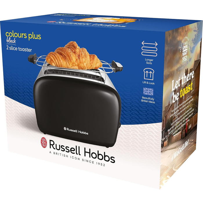 Тостер Russell Hobbs Colours Plus Edelstahl на 2 тости, чорний - з підставкою для булочок, 6 режимів підсмажування, розморожування, функція Lift & Look, 1600 Вт