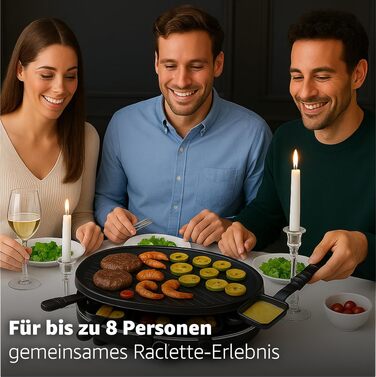 Набір для раклету 8er Raclette - гриль для столу з антипригарними сковорідками та скребком, гранітна та антипригарна пластини (круглий)
