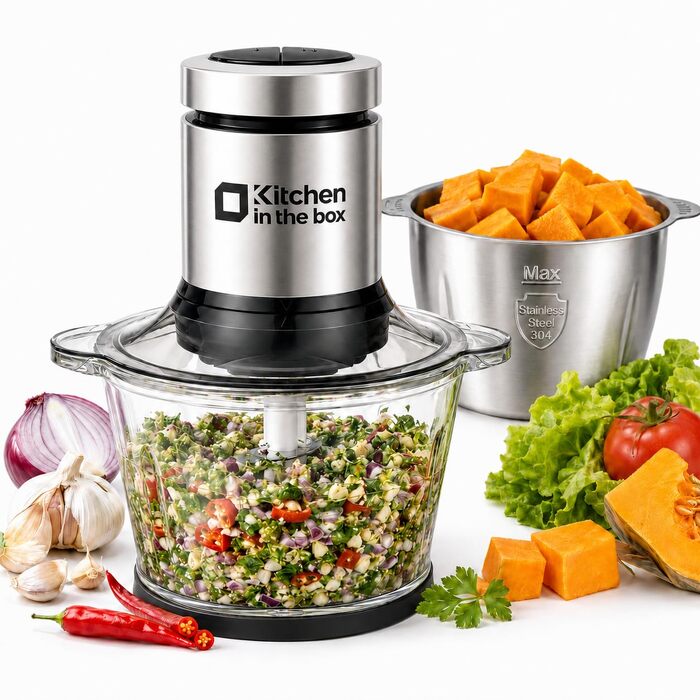 Електричний багатофункціональний подрібнювач Kitchen in the box 400W: 2 чаші по 2л (скло та нержавіюча сталь), 4 ножі, 2 режими швидкості для м'яса, овочів, горіхів та соусів, сріблястий