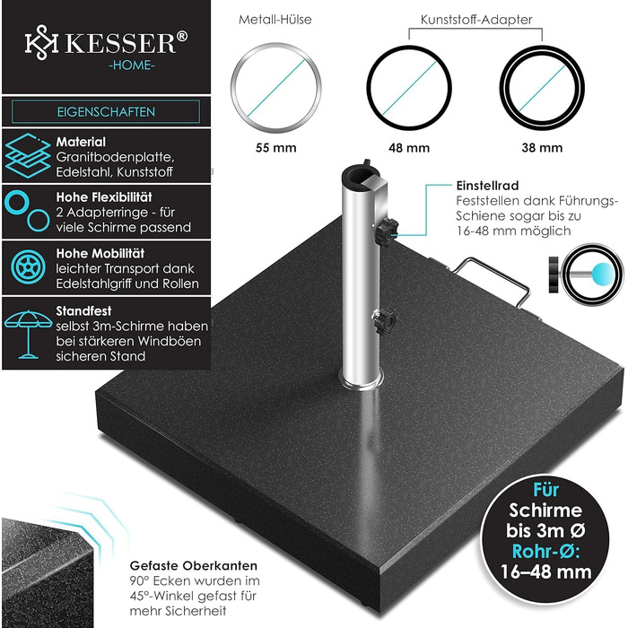 Підставка для парасольки KESSER Granit 30 кг, сталь, для саду/балкону, антрацит, квадратна, Ø16-48 мм