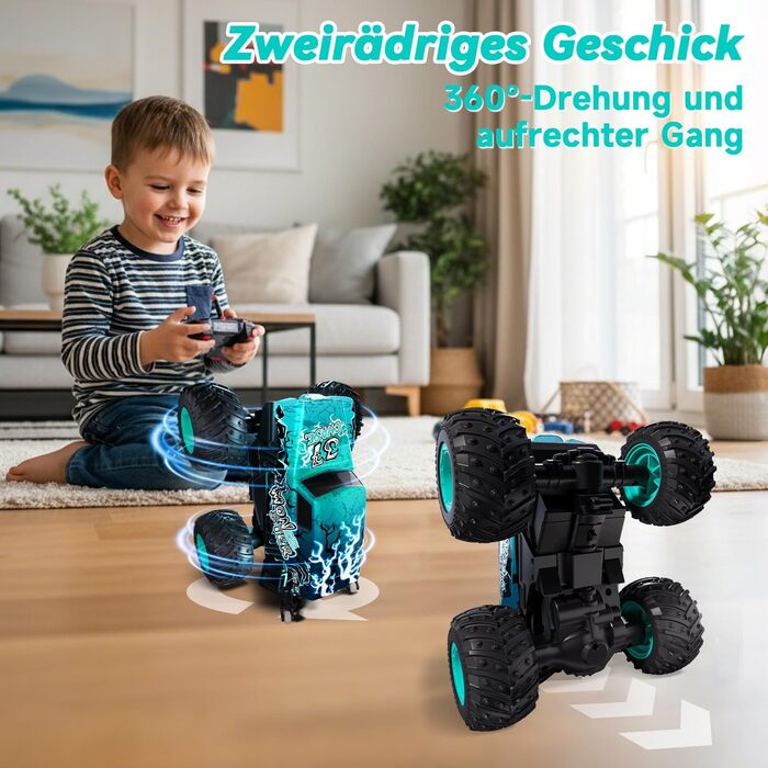 RC Monstertruck 1:20 2.4GHz синій - радіокерований позашляховик для хлопчиків та дівчаток від 3 років з LED підсвіткою, музикою та функцією 'ходьба на двох колесах'