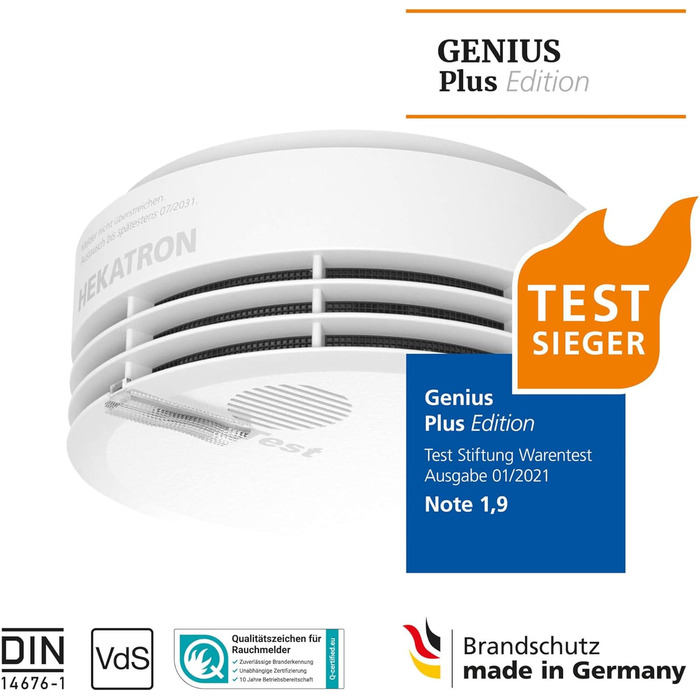 Датчик диму Hekatron Genius Plus з батареєю на 10 років – Тест-переможець Stiftung Warentest – Зроблено в Німеччині – з клейкою підкладкою – з підтримкою додатку – 1 шт.