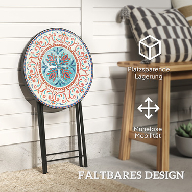 Outsunny Side Table Складаний садовий стіл з мозаїчним дизайном, Ø35.5 x 55 см Круглий атмосферостійкий металевий балконний стіл, Кемпінговий стіл Розкладний стіл Журнальний столик для вітальні, офіс, Відкритий Внутрішній, Багатокольоровий