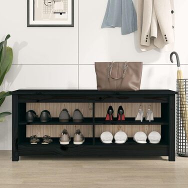 Стійка для взуття vidaXL з сидінням, чорна, масив сосни, 110x38x45.5 см, для коридору та передпокою, з великим місцем для зберігання