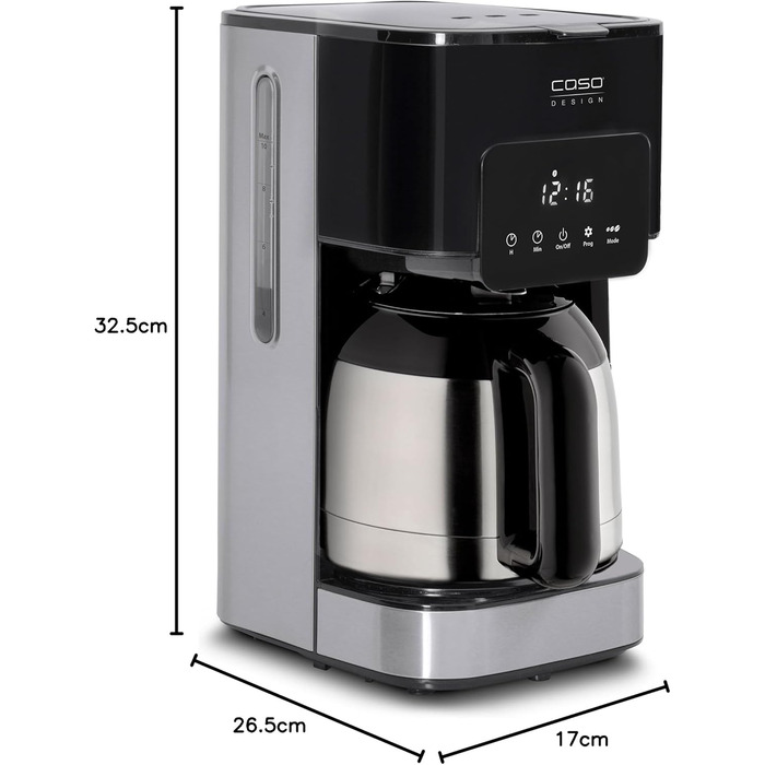 Кавоварка Caso Coffee Taste and Style, термос, 1,2 л, постійний фільтр, оптимальна температура заварювання 92-96°C, крапельний стоп, оптимізована голівка для заварювання, ізотермічний глечик, нержавіюча сталь, чорна, 10 чашок