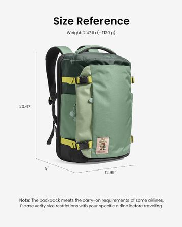 Дорожній рюкзак tomtoc 28L/40L для подорожей та перельотів, TSA-сумісна ручна поклажа (Moosgrün-ripstop)