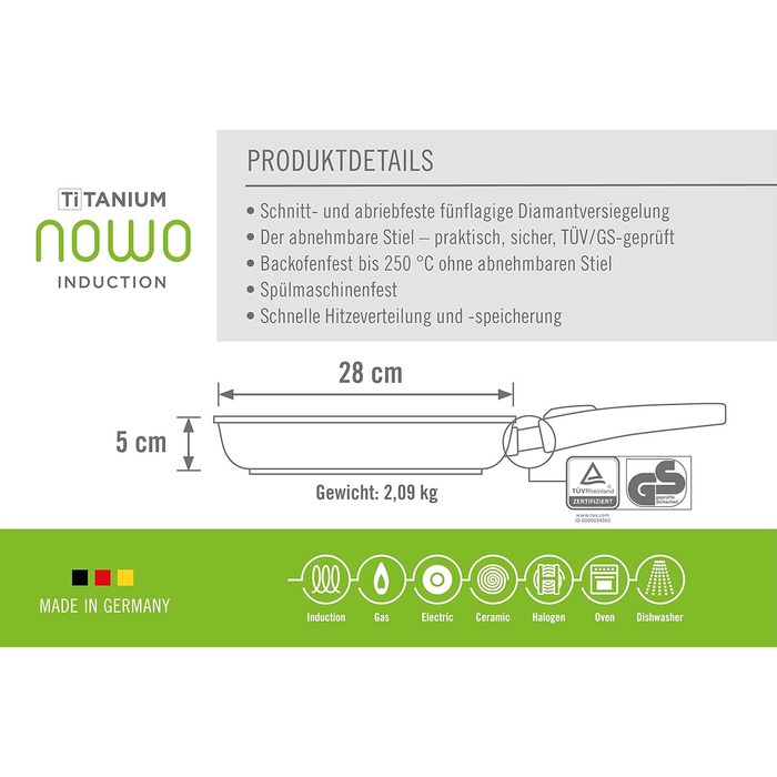 Сковорода Woll Nowo Titanium 28 см, знімна ручка, алюмінієвий литий корпус, антипригарна, для індукції та всіх плит