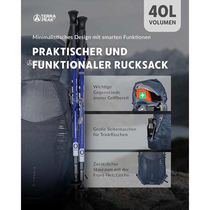 Туристичний рюкзак Terra Peak 40 л з вентильованою спинкою, тримачем для питної системи та дощовиком, для походів і одноденних виїздів, темно-синій