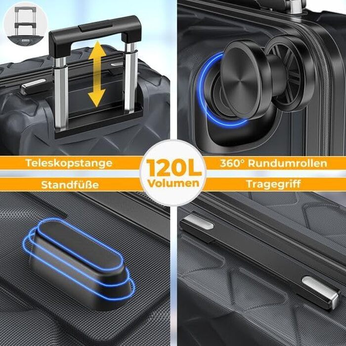 Валіза для подорожей KESSER 75 см, 120Л, жорстка ABS-оболонка, колір Charcoal: з кодовим замком, вагами для багажу та гаманцем, 360° колеса, телескопічна ручка