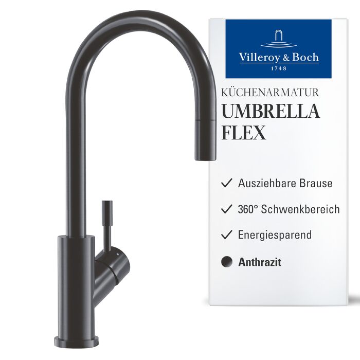 Змішувач кухонний Villeroy & Boch Umbrella Flex з висувним душем, антрацит - економія води, висота виливу 220 мм