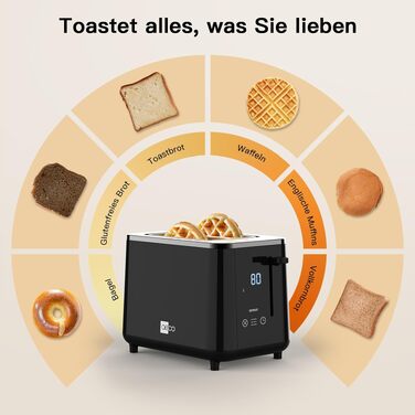Тостер aeco toastlab Elite 2-слотовий з підставкою для булочок, 6 рівнів підсмажування, 10 програм, 850 Вт, LCD-дисплей, функція підйому, розморожування, піддон для крихт (LED-Touch)