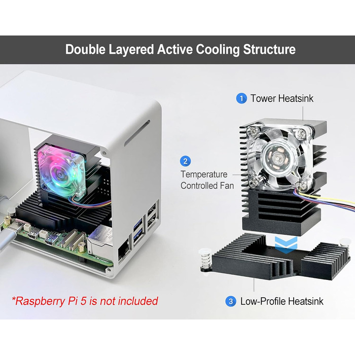 Корпус ElectroCookie для Raspberry Pi 5, алюмінієвий міні-тауер з вентилятором і RGB підсвічуванням, сріблястий
