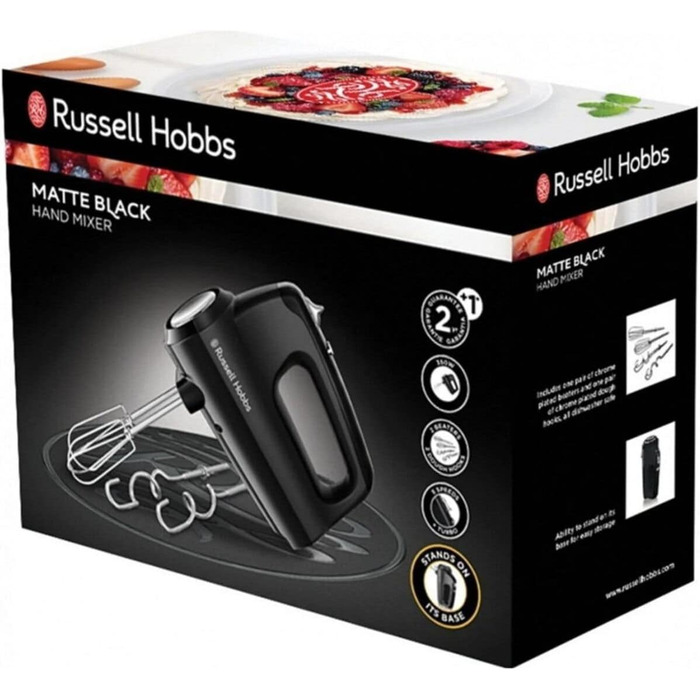 Ручний міксер Russell Hobbs 24672-56, матовий чорний: 5 швидкостей, турбофункція, набір вінчиків та гаків для тіста