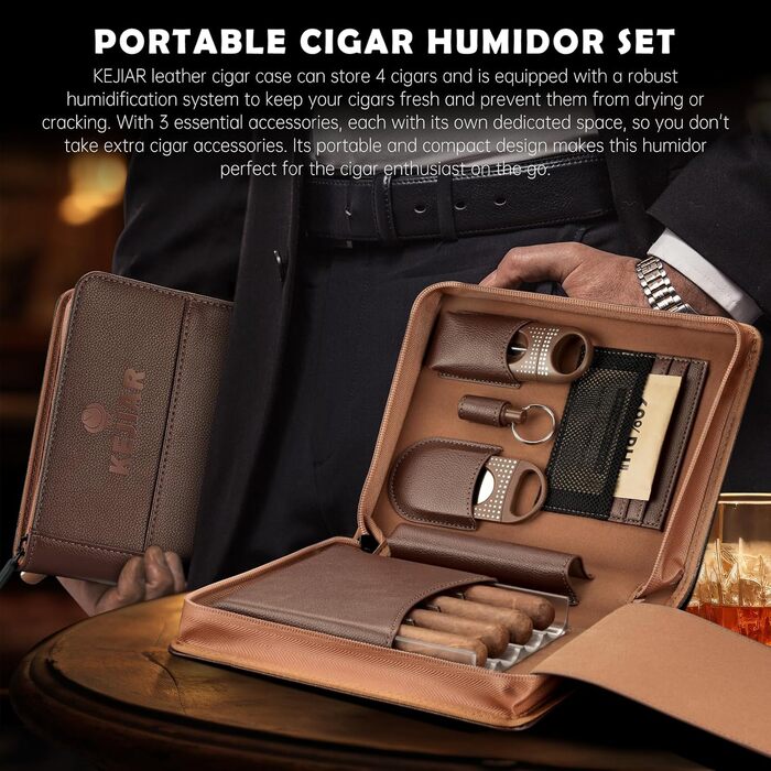 KEJIAR: Набір для зберігання сигар - Humidor з різаком, пуншем та зволожувачами, коричневий