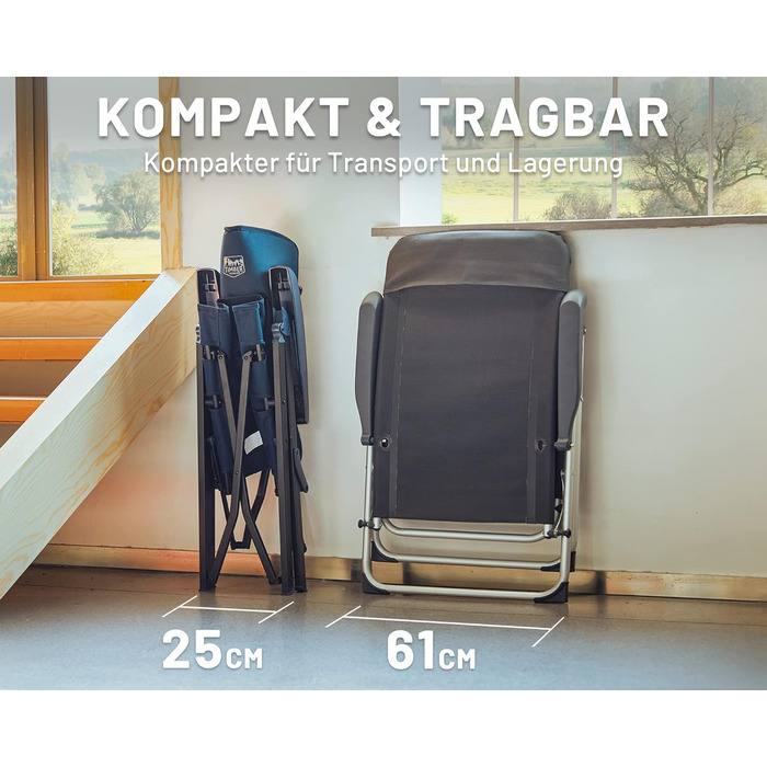 Складаний кемпінговий стілець TIMBER RIDGE з високою спинкою, алюмінієвий, до 150 кг, 4 положення, з сумкою, для кемпінгу, саду, балкона, автодому, синій