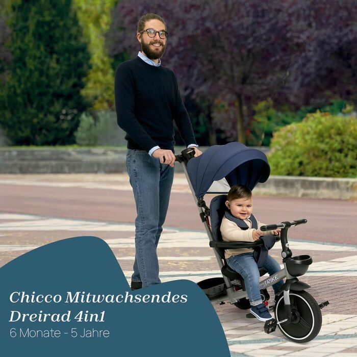 Триколісний велосипед Chicco 4-в-1: від 6 місяців до 4 років, блакитний. Знімний капюшон, EVA колеса, телескопічна ручка, компактне складання, педалі вільного ходу.