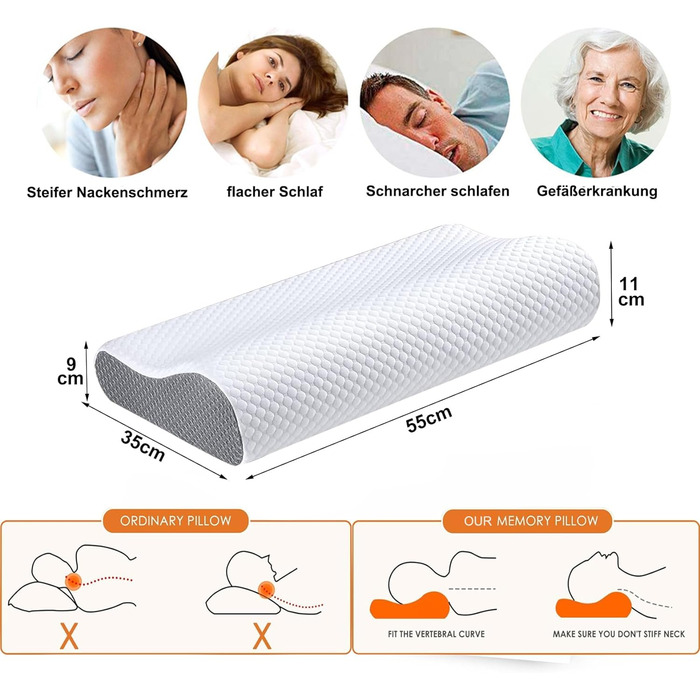 Ергономічна подушка з ефектом пам'яті Memory Foam для шиї та голови, ортопедична підтримка HWS для сну на боці та спині, з гігієнічним чохлом з бамбука (Білий)