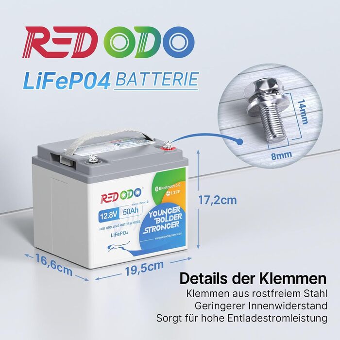 LiFePO4 акумулятор Redodo 12V 100Ah для кемперів та човнів (під сидіння), з Bluetooth та Smart BMS 100A