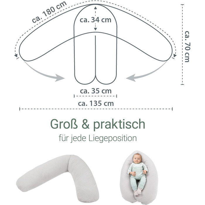Подушка для вагітних та годування Theraline Dodo Pillow Premium 180 см, мусліновий чохол (100% бавовна), колір: димчасто-сірий