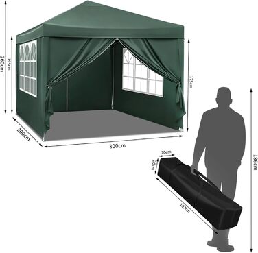 Павільйон WOLTU Pop-Up 3x3 м, водонепроникний, складний, із боковинами, для саду, тераси, кемпінгу, фестивалів, оксфордська тканина, металевий каркас, зелений
